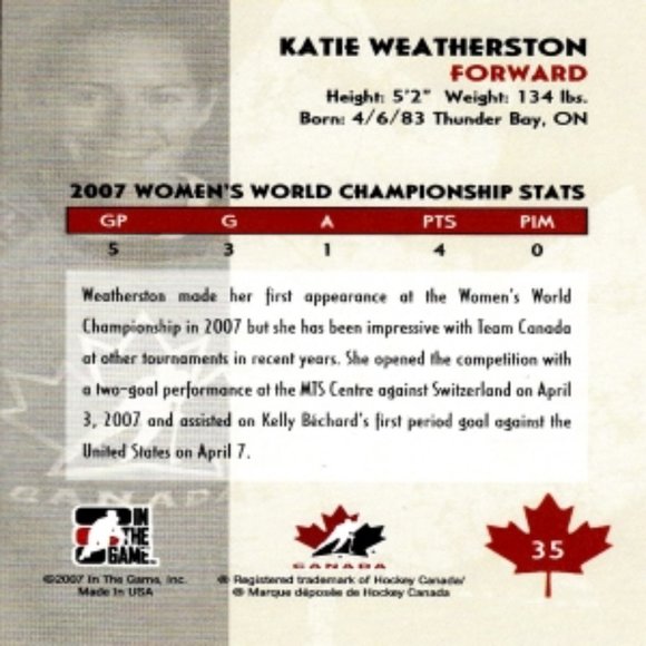 KATIE WEATHERSTON - 2007 WOMEN'S WORLD CHAMPIONSHIP SERIES CARD - CARD NUMBER 35 - Picture 2 of 2